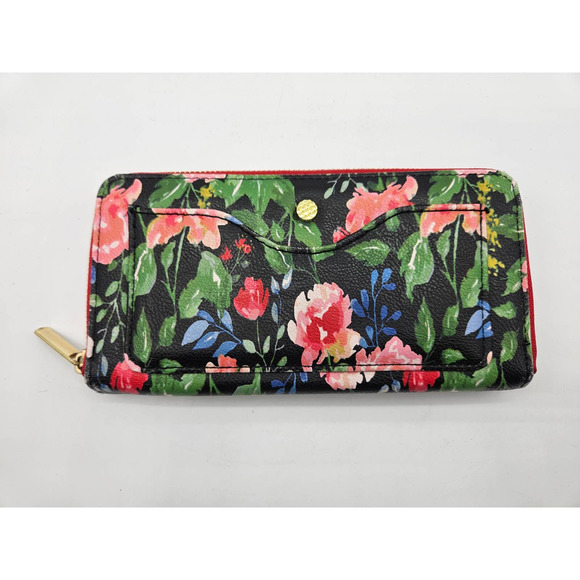 Women's Floral Wallet Card Holder Zipper Pouch Black Red Pink Green - Picture 3 of 6